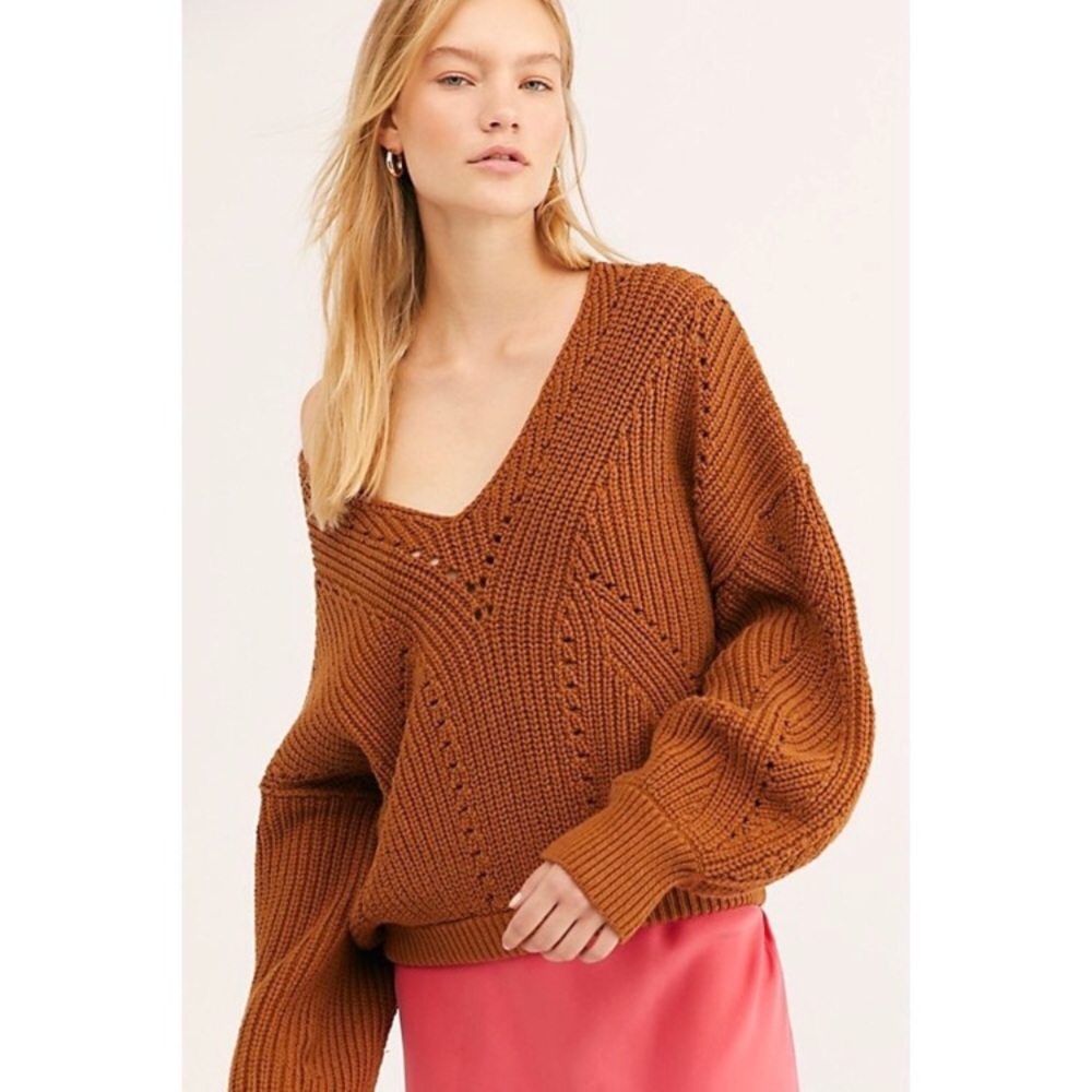 NWT Free People All Day Long V Neck Chunky Sweater - Picture 2 of 6